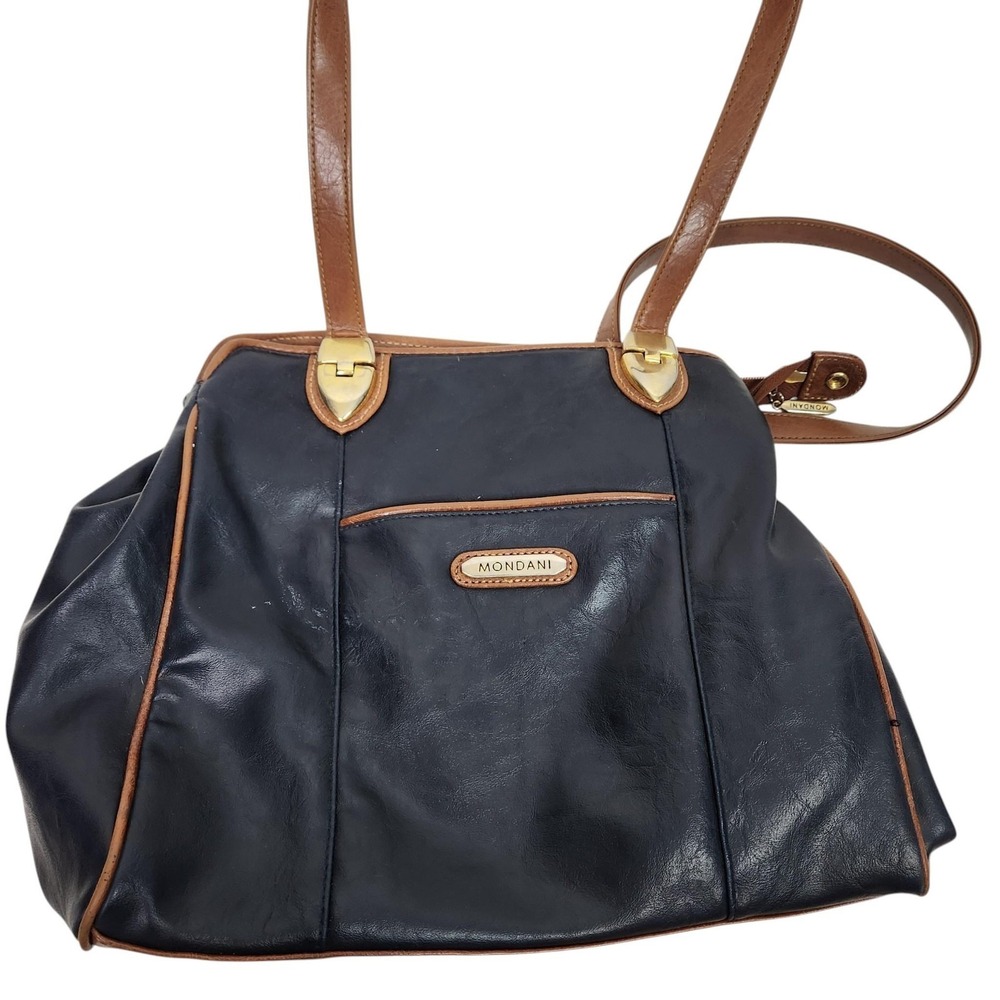 MONDANI Tote Bag Womens Medium Blue Brown Faux Leather Shoulder Purse‎ Zip Top